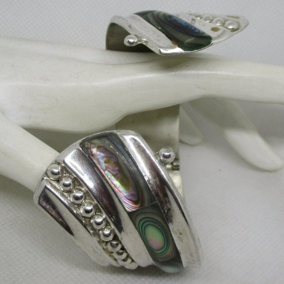 Wide ABALONE MEXICAN SILVER Clamper Mexican Cuff Bracelet Marked Alpaca Mexico - Picture 6 of 11